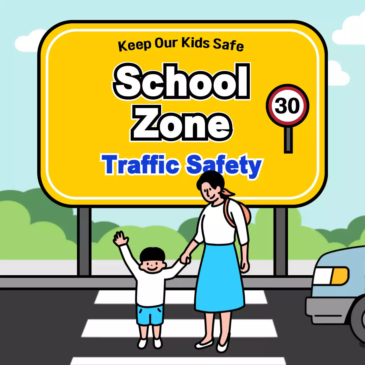 School zone traffic safety tips with yellow and blue sign concept