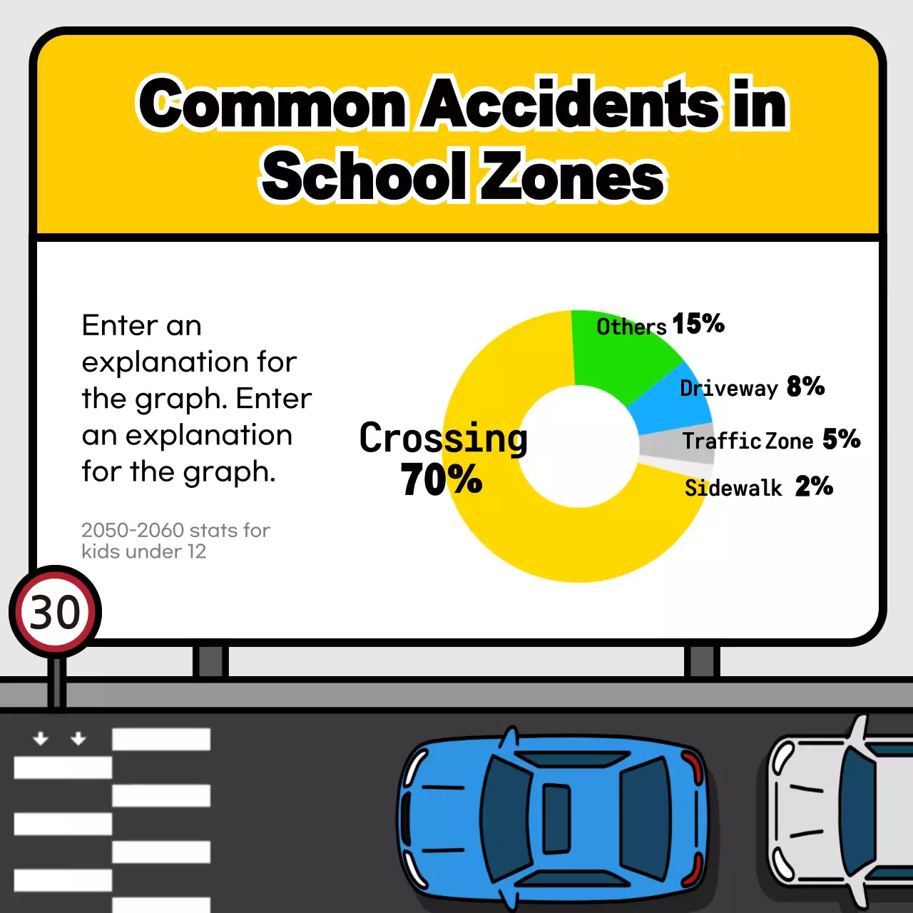 School zone traffic safety tips with yellow and blue sign concept