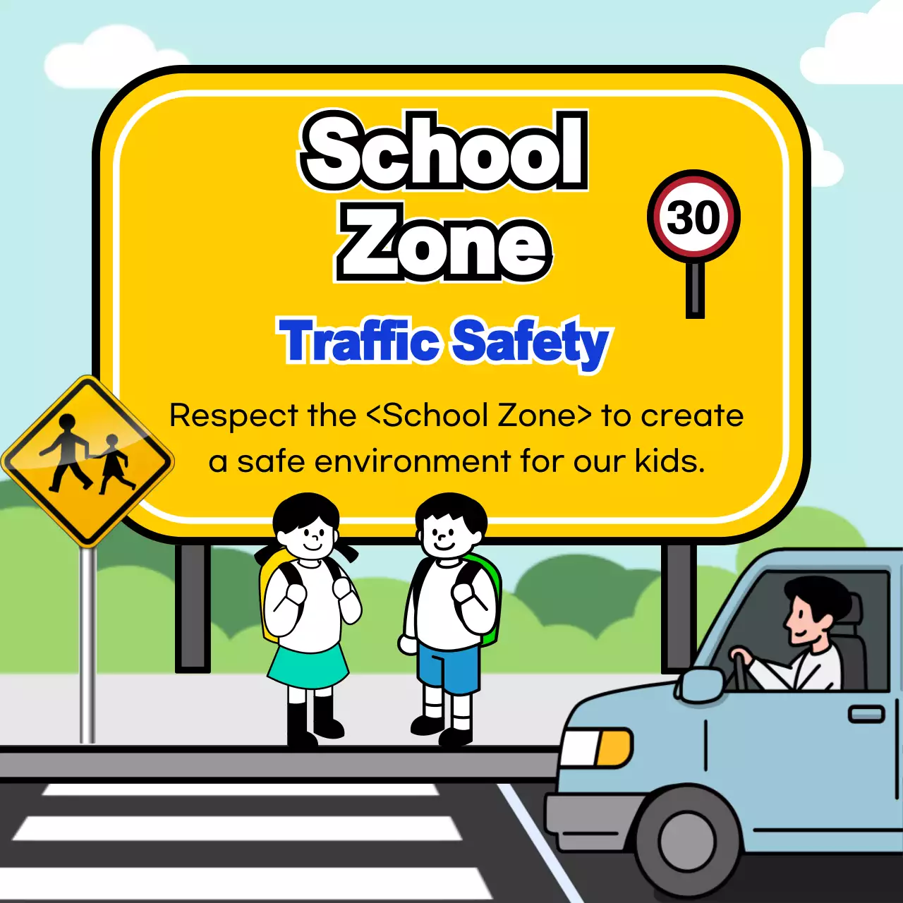 School zone traffic safety tips with yellow and blue sign concept