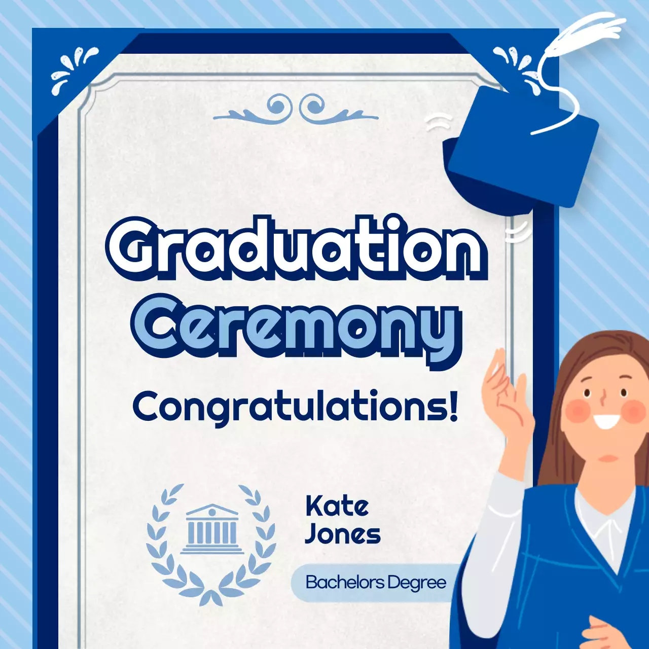 파란색과 하늘색의 상장과 졸업생이 있는 졸업 축하 메시지