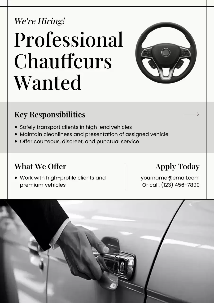 Grey Professional Chauffeur Recruitment Poster