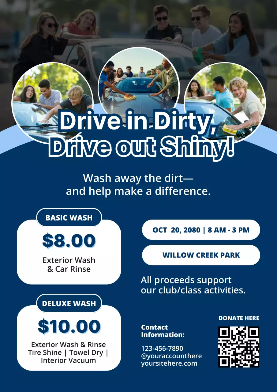 Blue and White Bold Modern Car Wash Fundraiser Poster