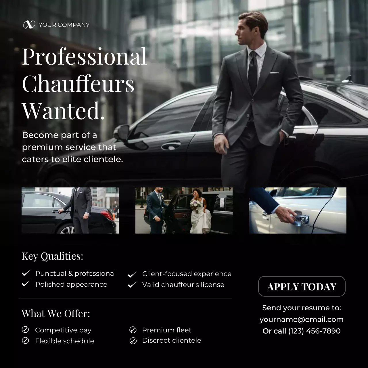 Black and White Elegant Minimalist Chauffeur Recruitment Instagram Post