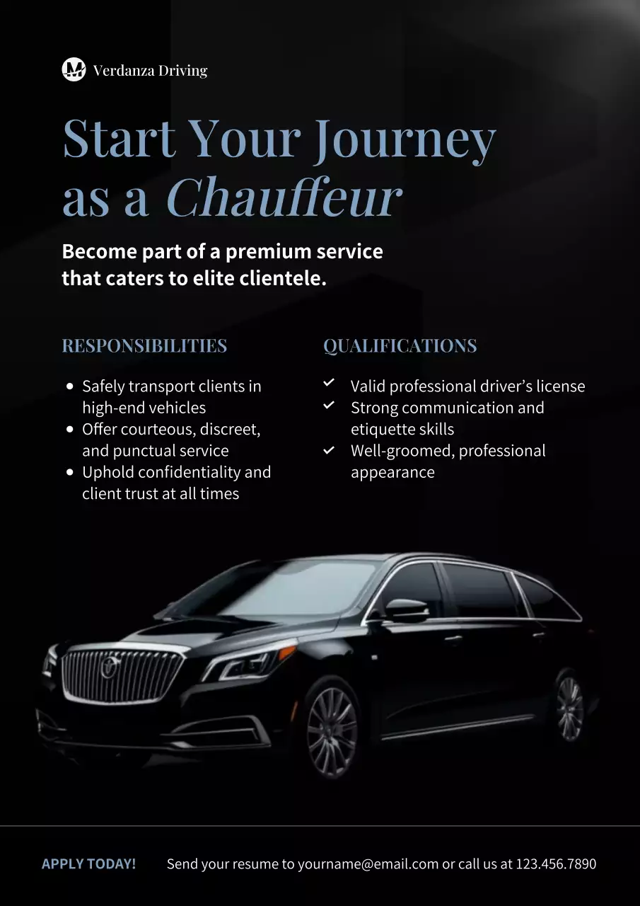 Black and White Minimalist Luxury Chauffer Recruitment Poster
