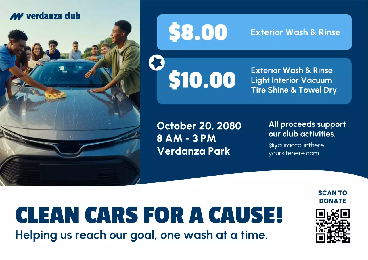 Blue and White Bold Modern Car Wash Fundraiser Poster