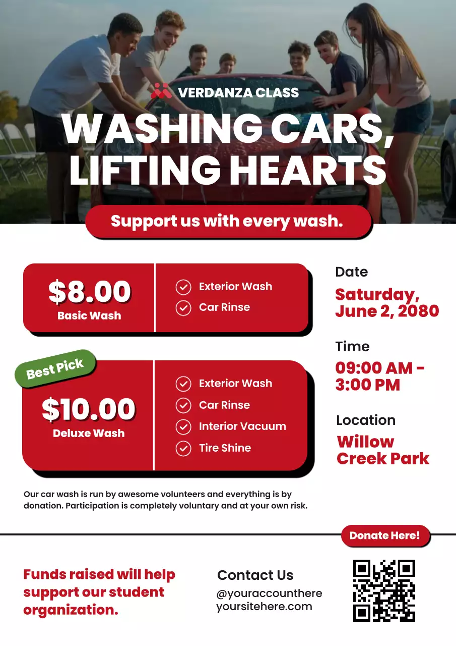Red and White Bold Modern Car Wash Fundraiser Poster