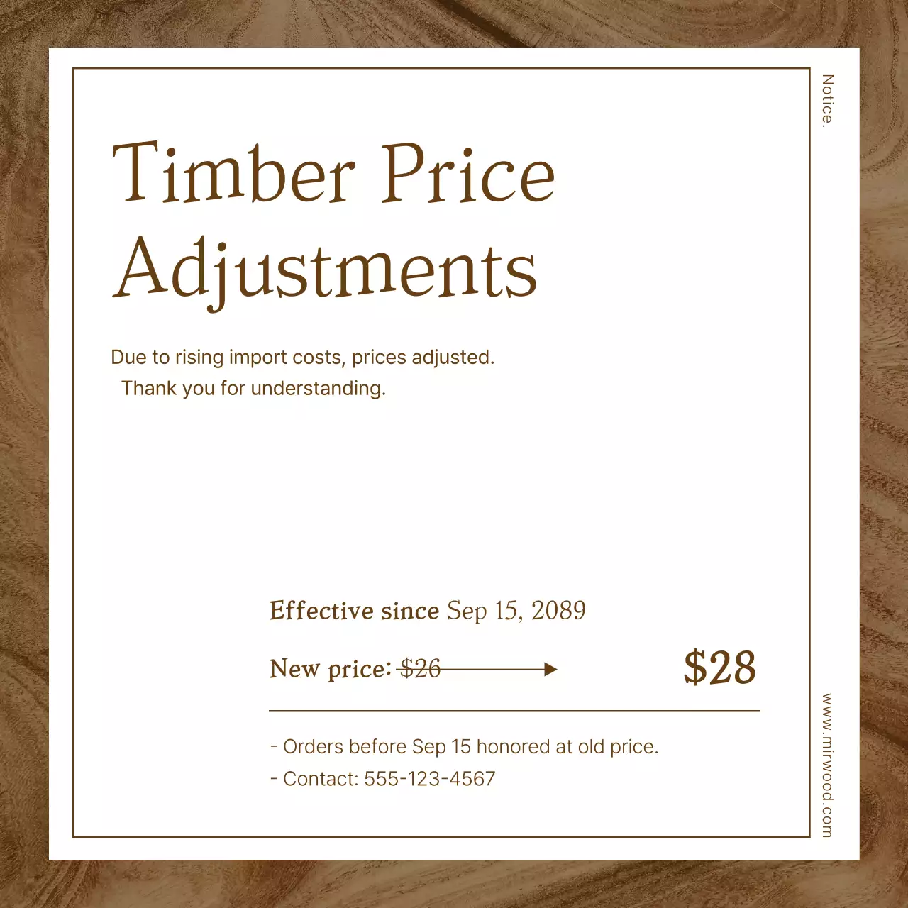 Pemberitahuan Penyesuaian Harga Kayu Dasar Coklat