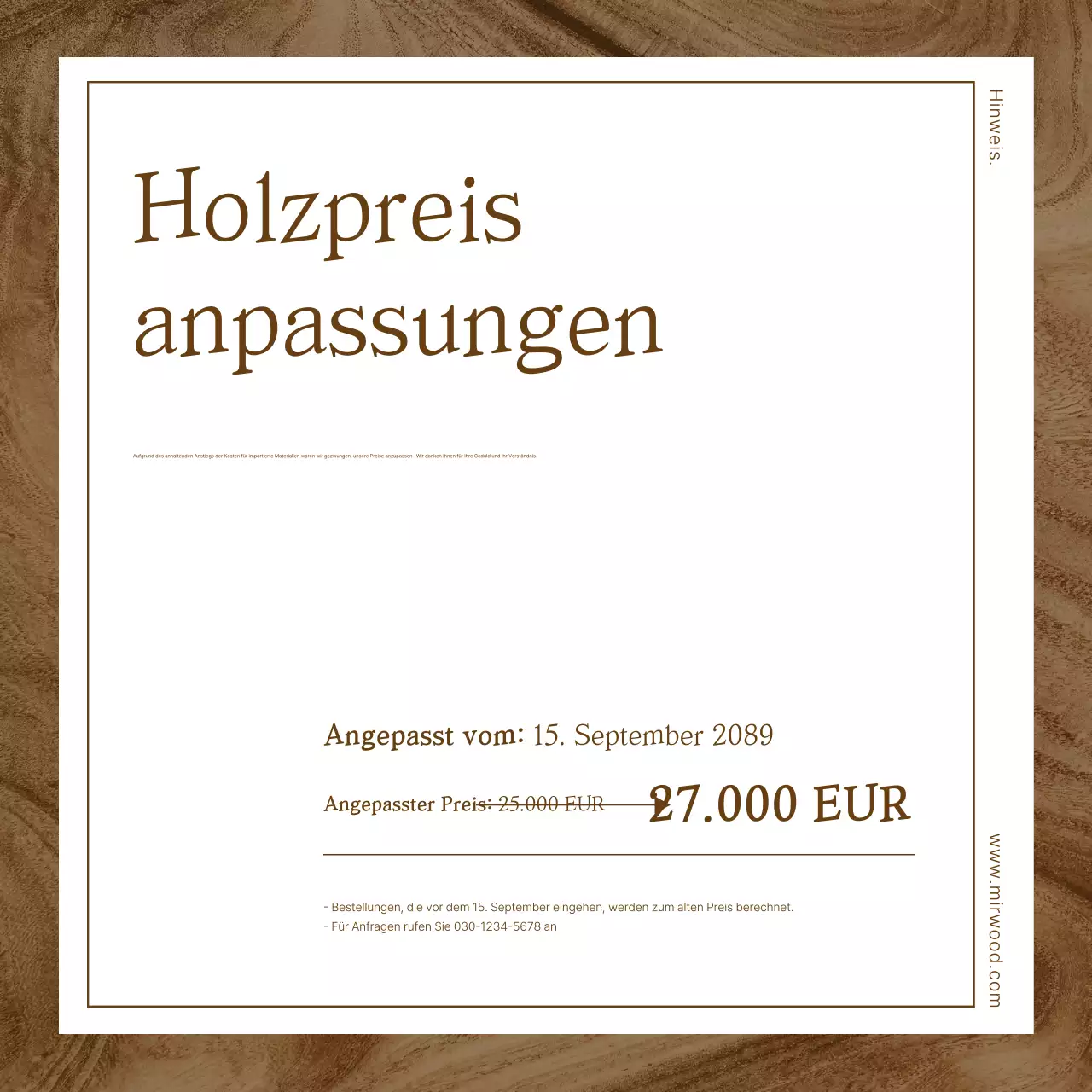 Preisanpassungsmitteilung für Brown Basic Wood