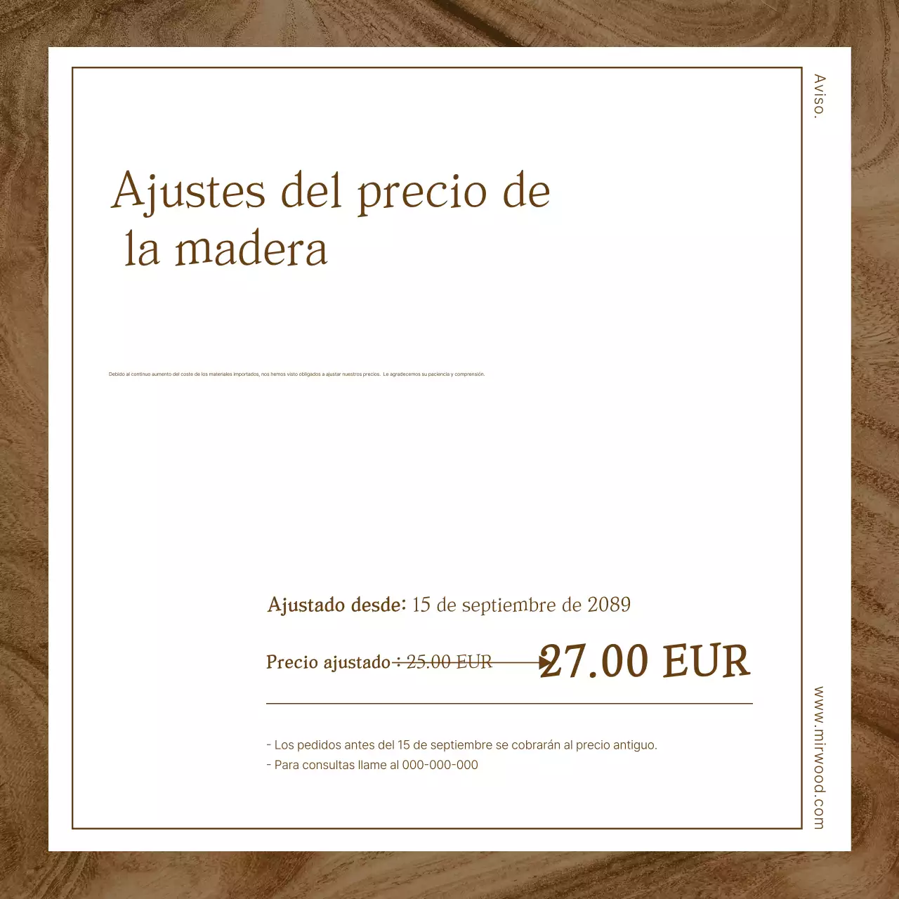 Aviso de ajuste de precio de madera básica marrón