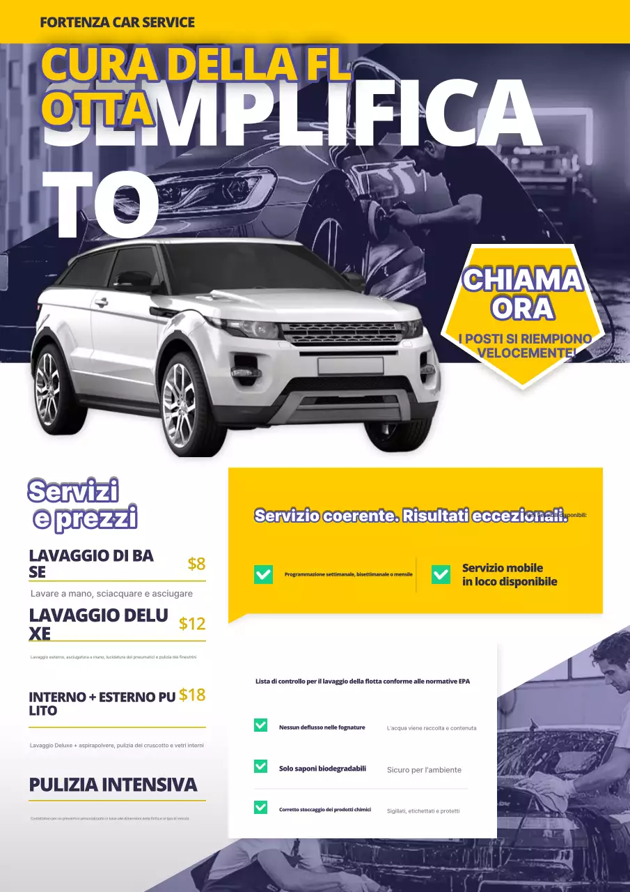 Manifesto promozionale giallo per il servizio di auto moderne