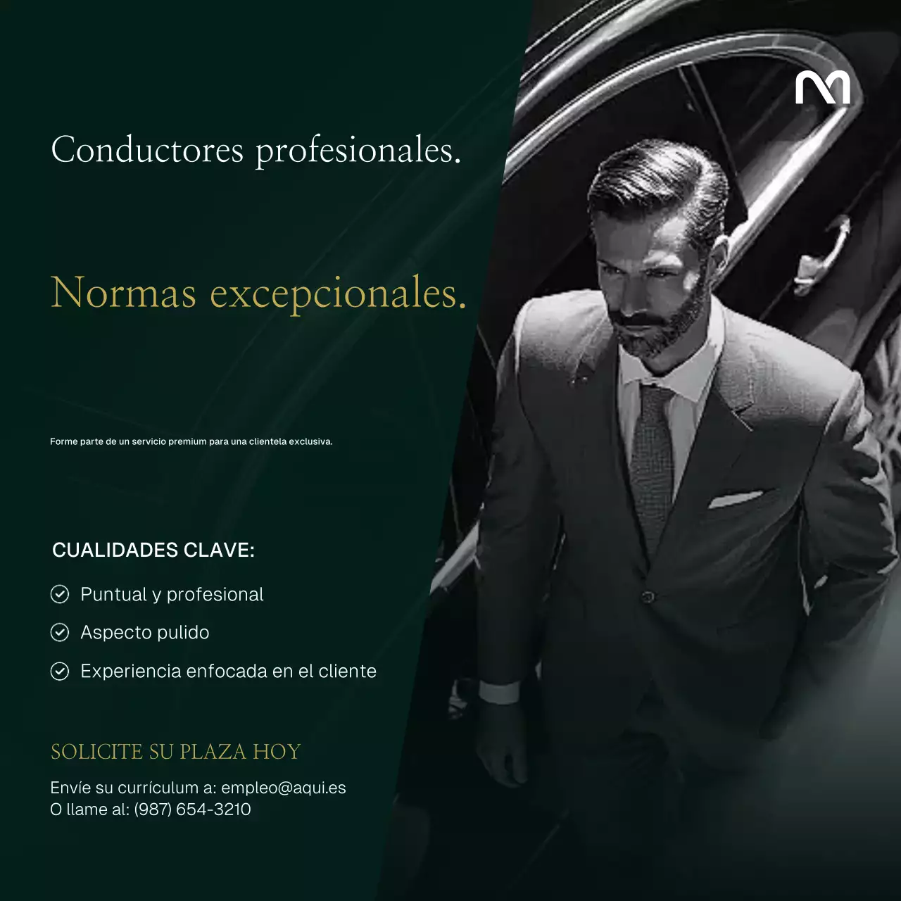 Plantilla para redes sociales de Green Gold para contratar choferes de lujo