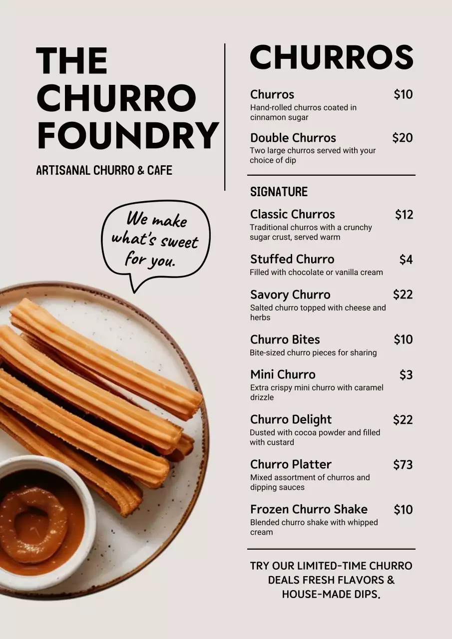 beige modern churro menu