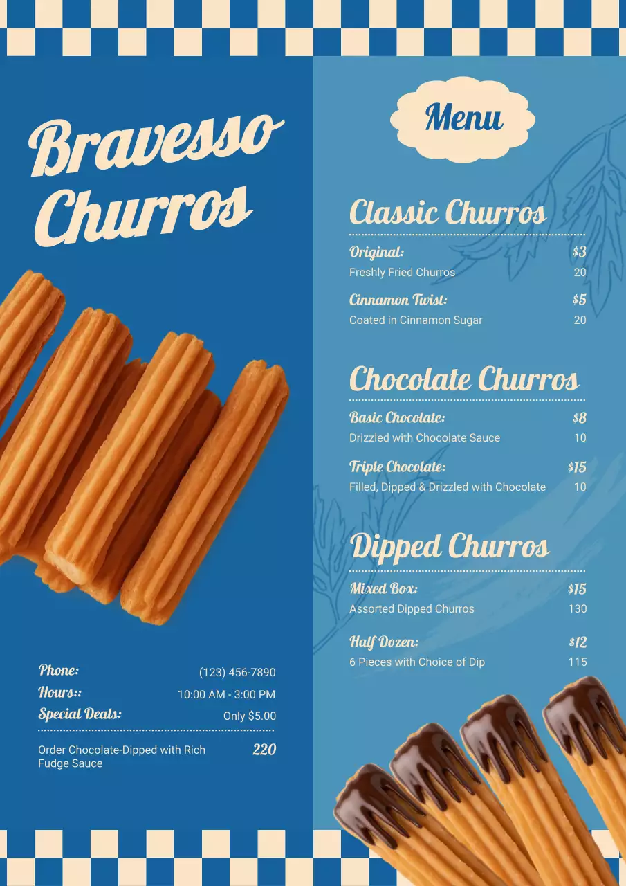 blue retro churros menu