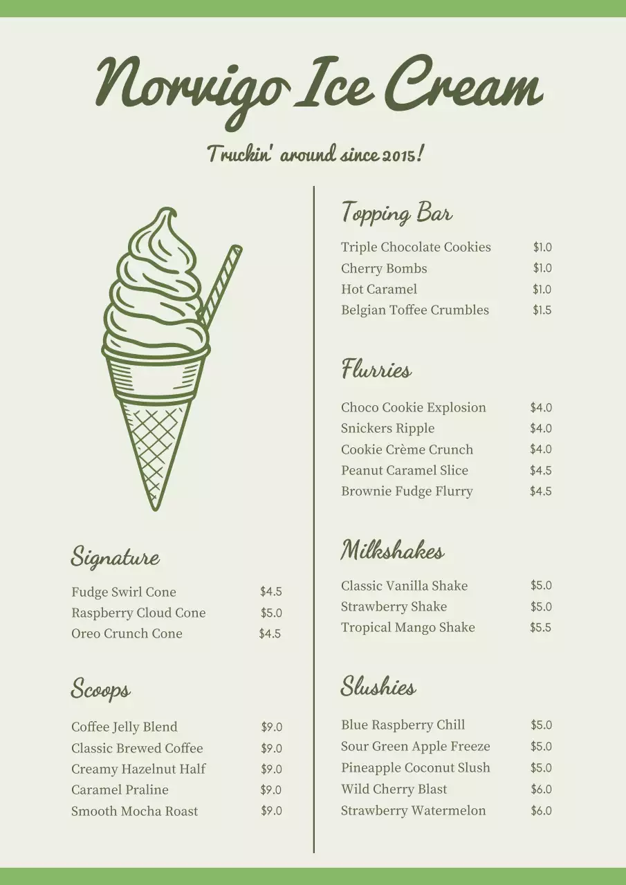 Green classic ice cream menu