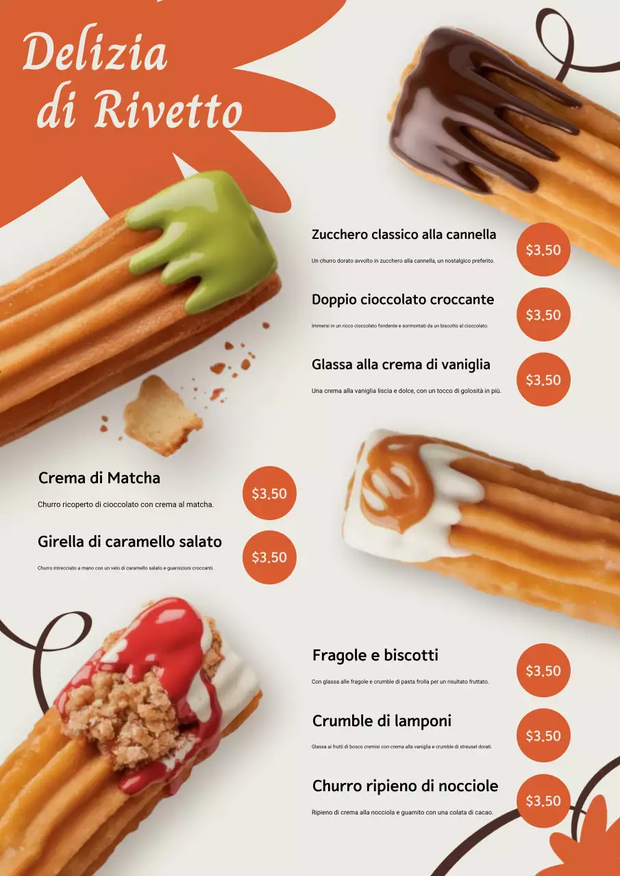menu churros moderni all'arancia