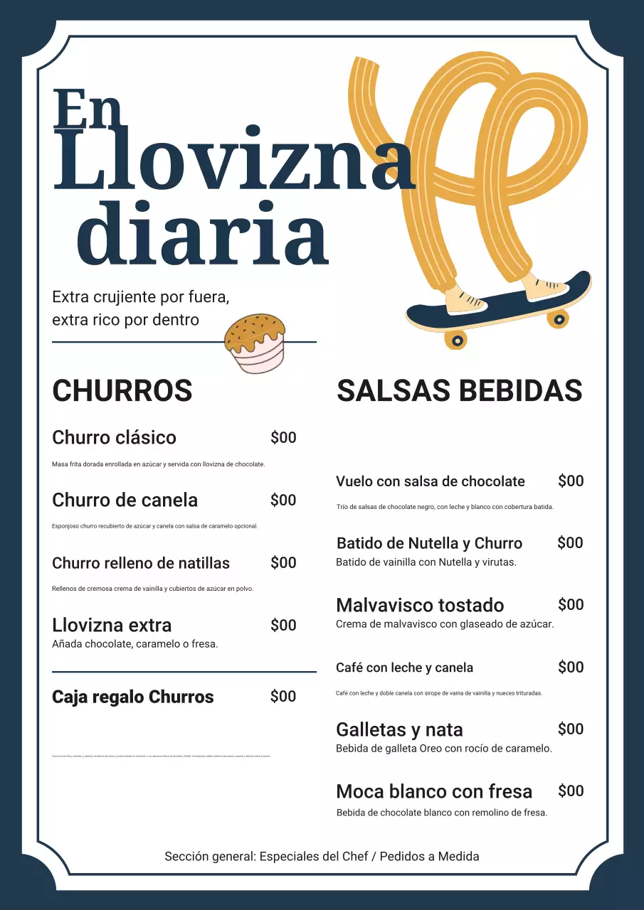 Menú de postres modernos de la marina