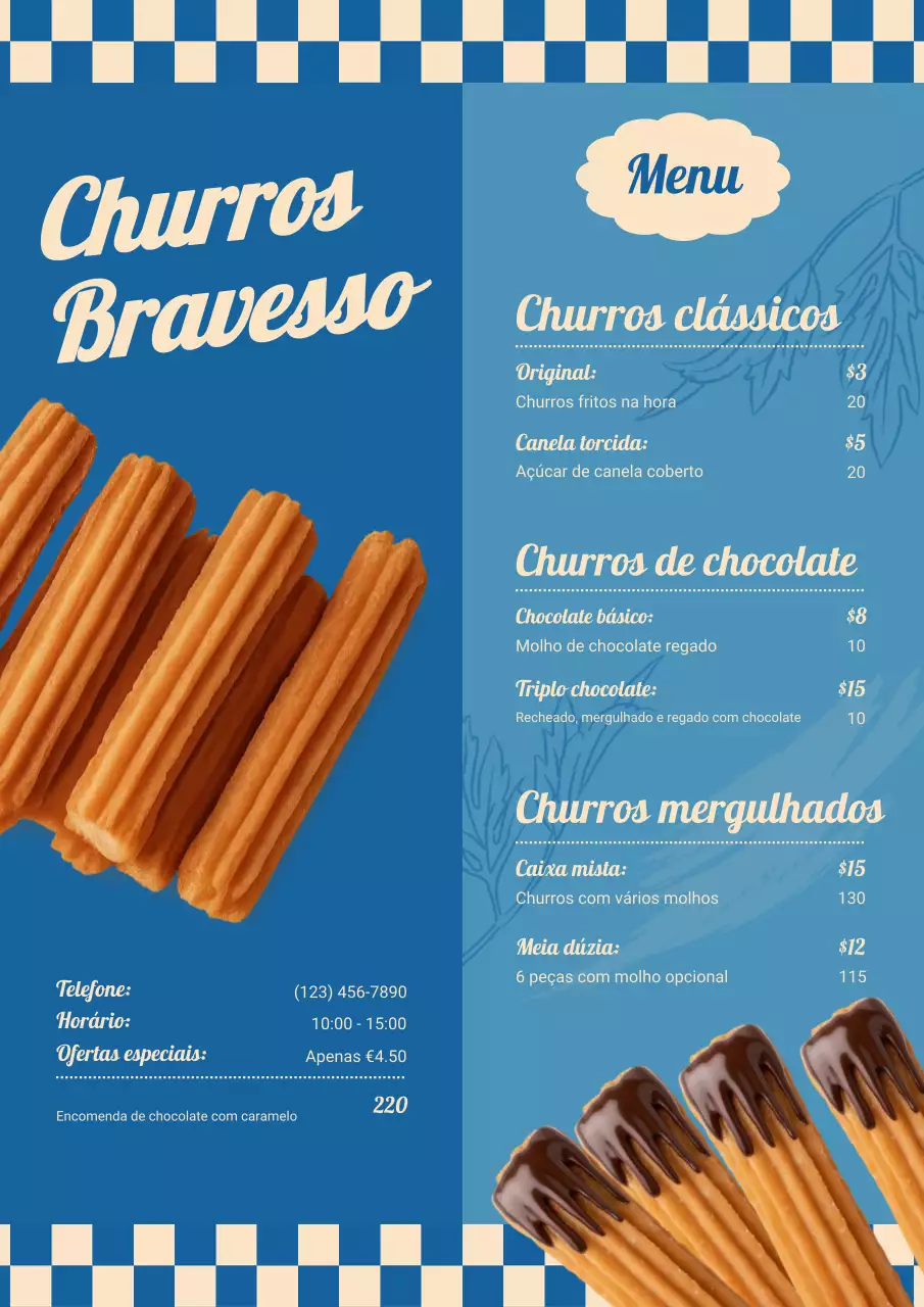 cardápio de churros retrô azul