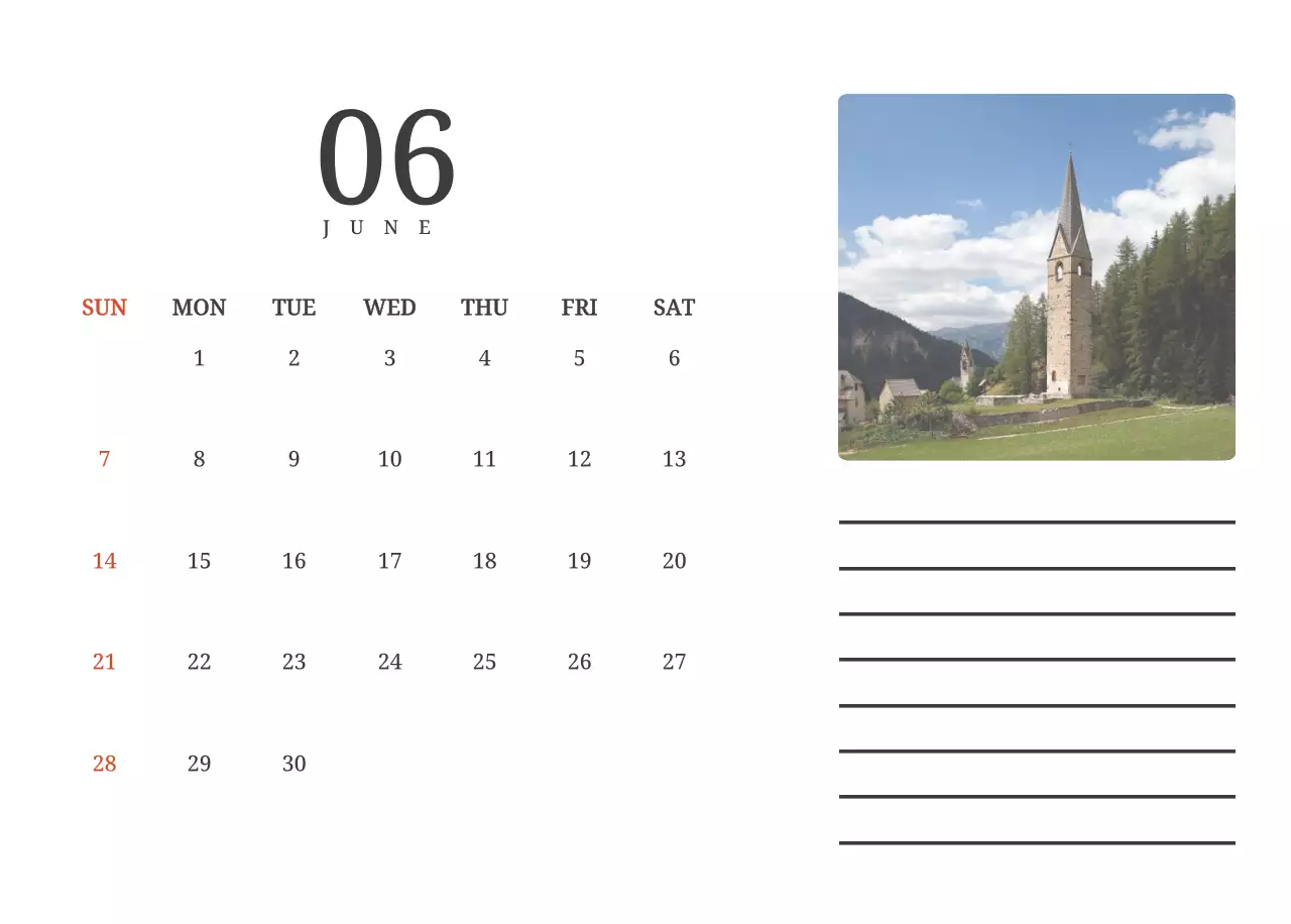 風景画の中の教会が際立つ写真コンセプトのカレンダー