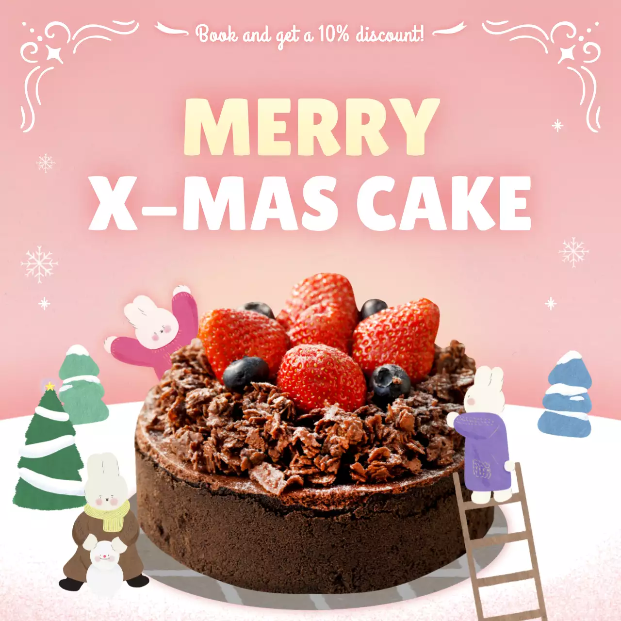 Book a Christmas cake with a cute pink bunny illustration