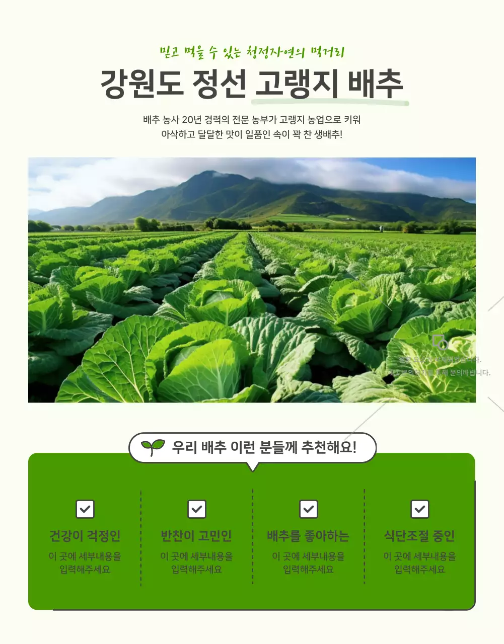 초록색과 연두색의 기본적인 배추 판매 홍보