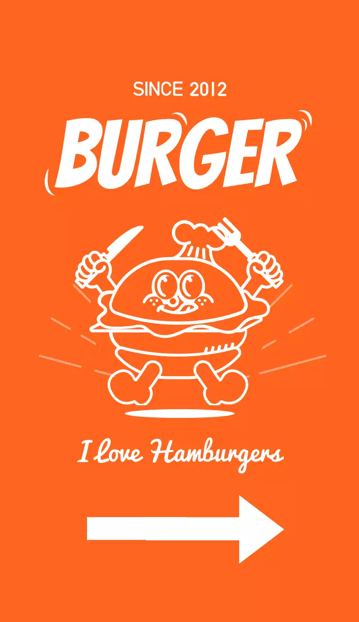 주황색 배경의 햄버거 일러스트가 있는 메뉴가 있는 입간판