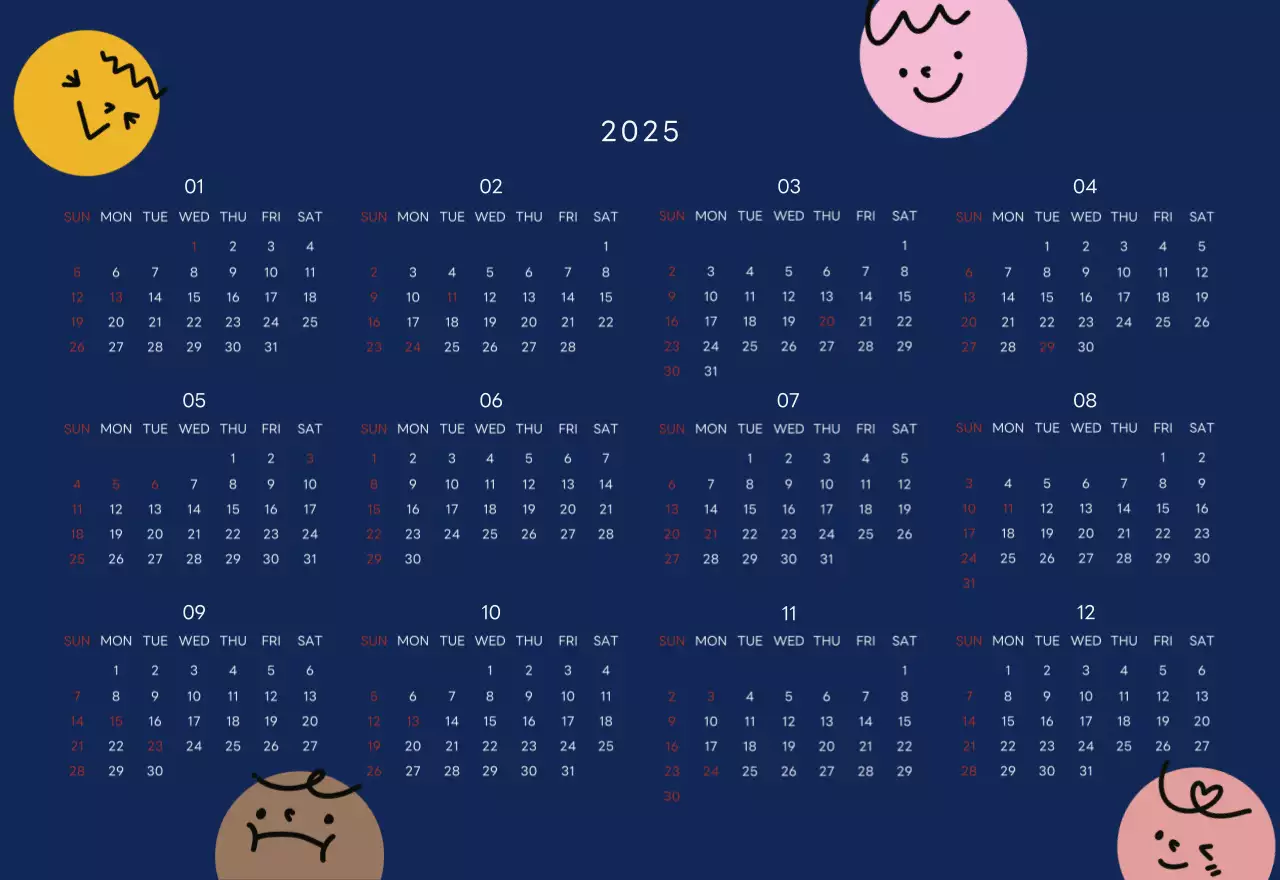 ネイビーブルーとベージュのかわいい2025年卓上カレンダー