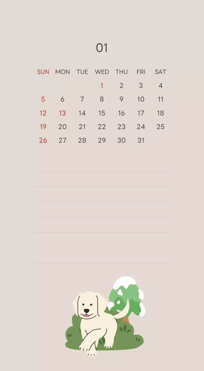 ベージュとグリーンのかわいい2025年の子犬卓上カレンダー