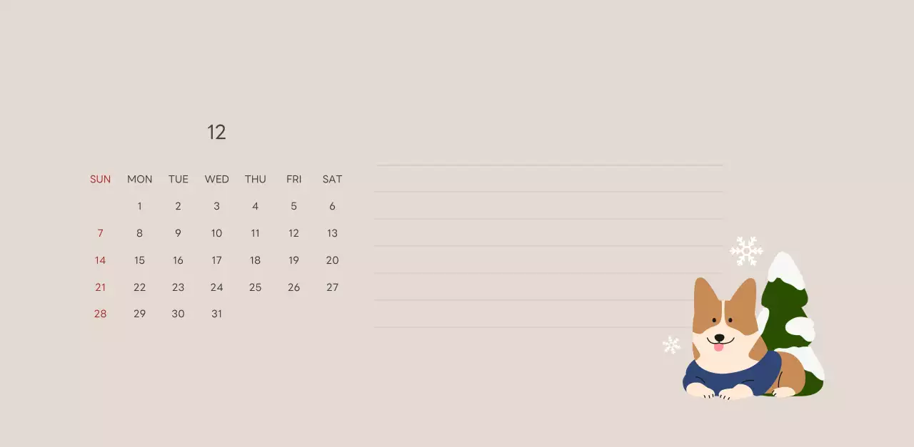 ベージュとグリーンのかわいい2025年子犬の卓上カレンダー