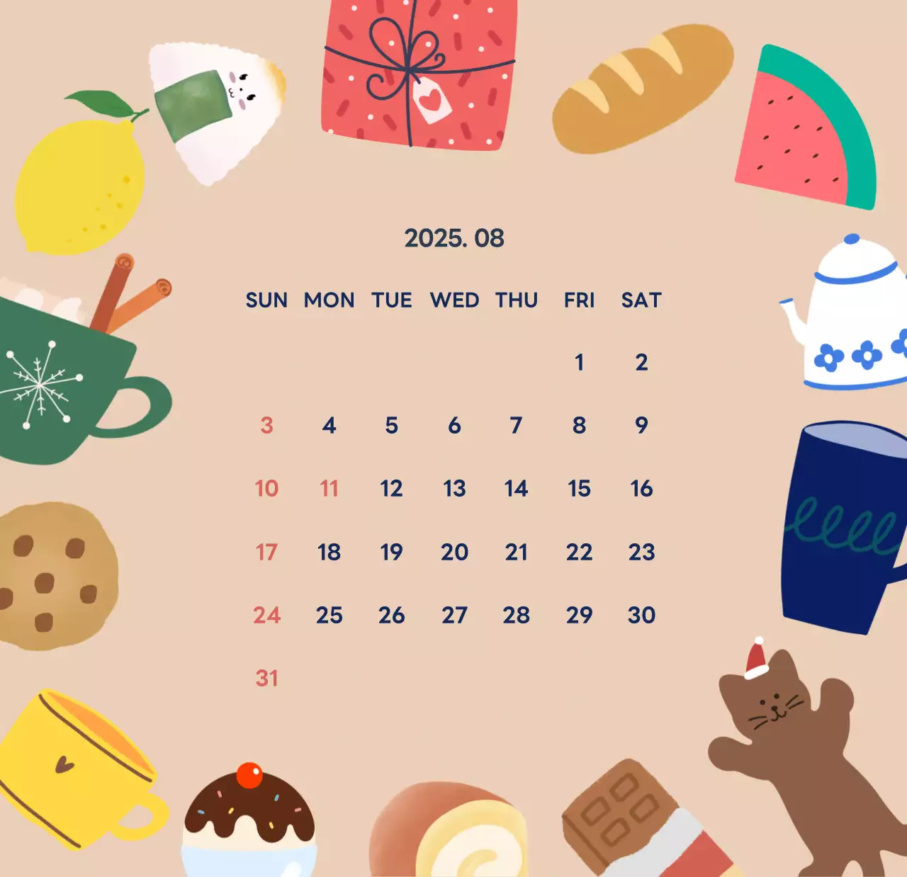 ネイビーブルーとベージュのかわいい2025年卓上カレンダー