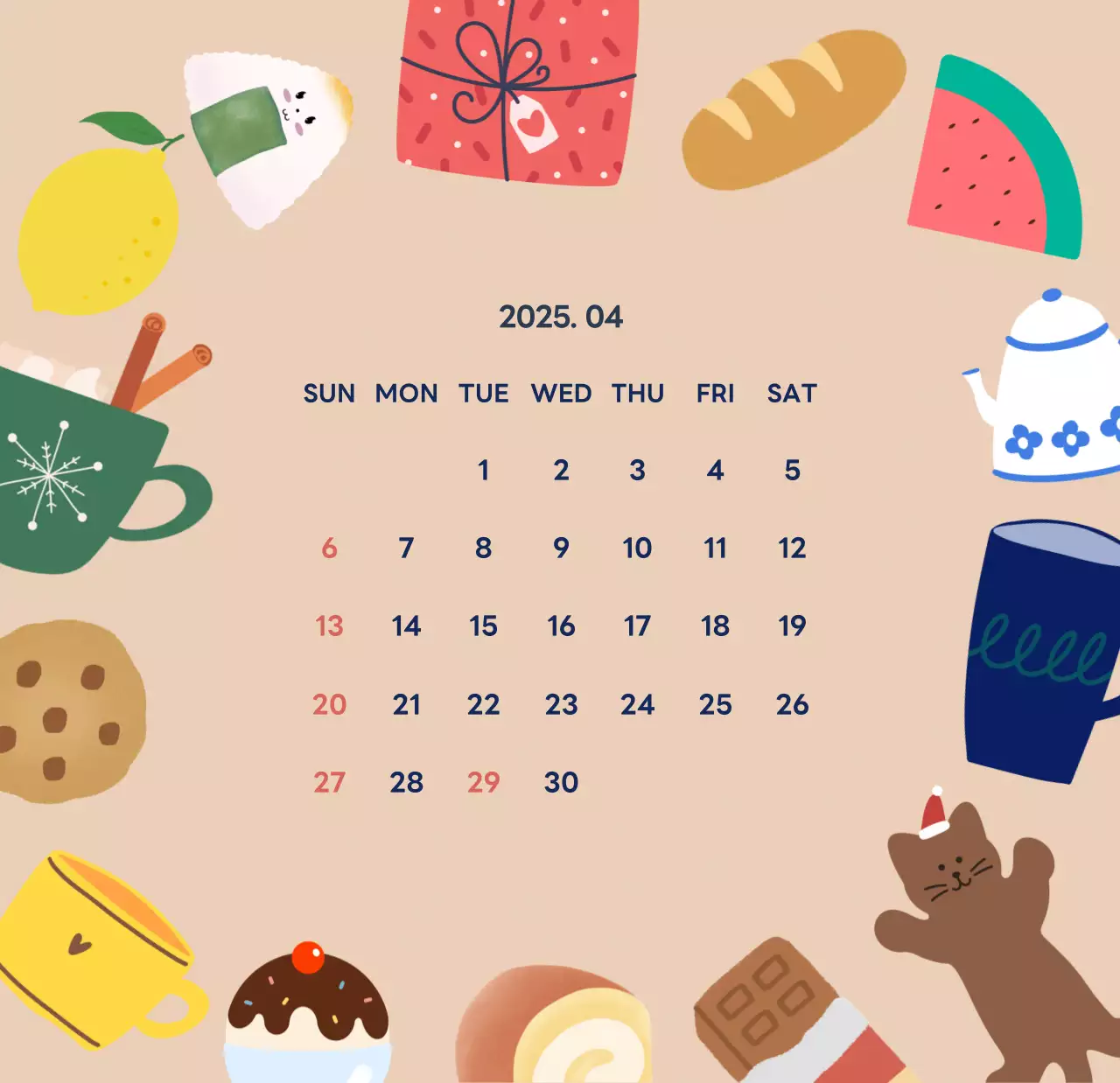 ネイビーブルーとベージュのかわいい2025年卓上カレンダー