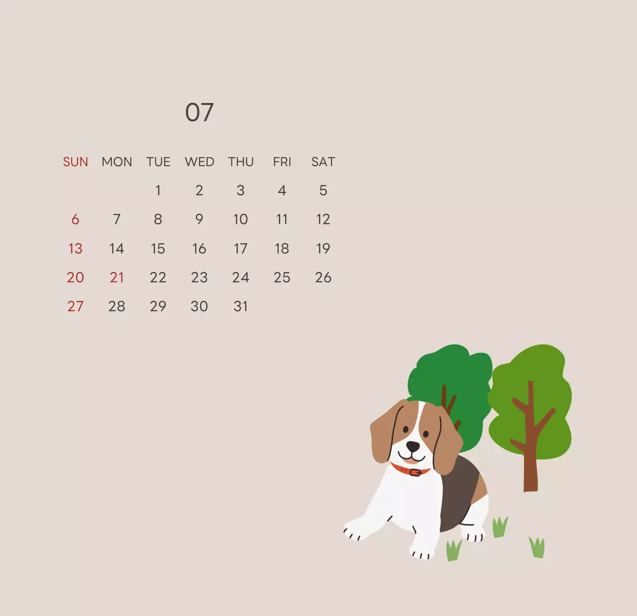 ベージュとグリーンのかわいい2025年子犬の卓上カレンダー