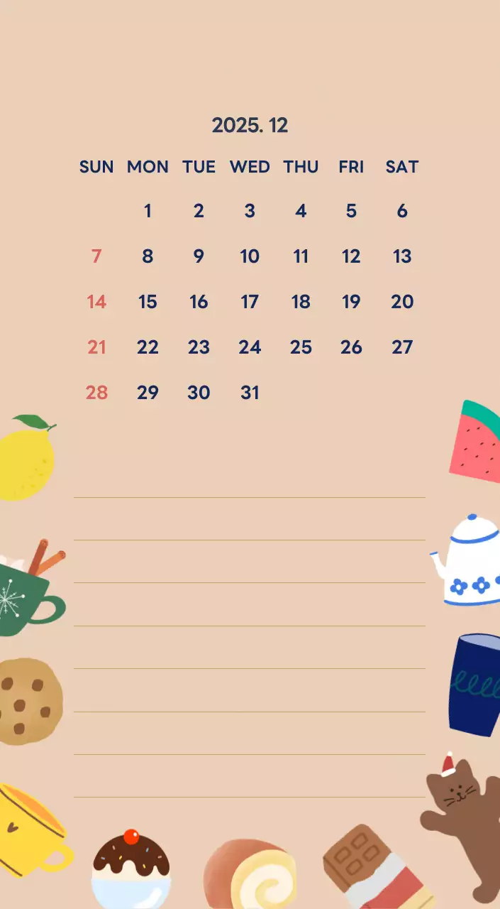 ネイビーブルーとベージュのかわいい2025年卓上カレンダー