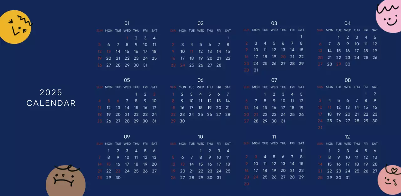 ネイビーブルーとベージュのかわいい2025年卓上カレンダー