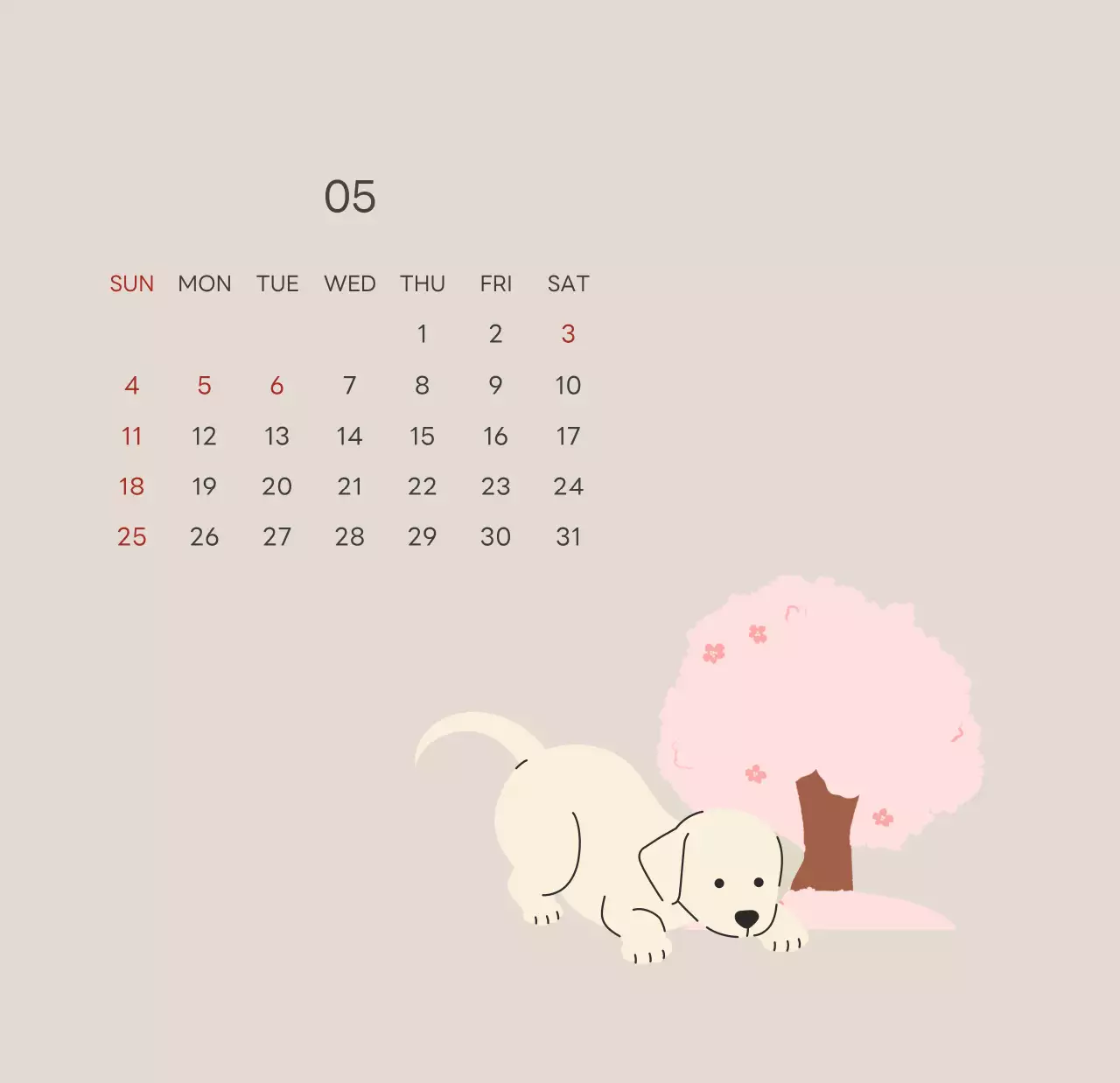 ベージュとグリーンのかわいい2025年子犬の卓上カレンダー