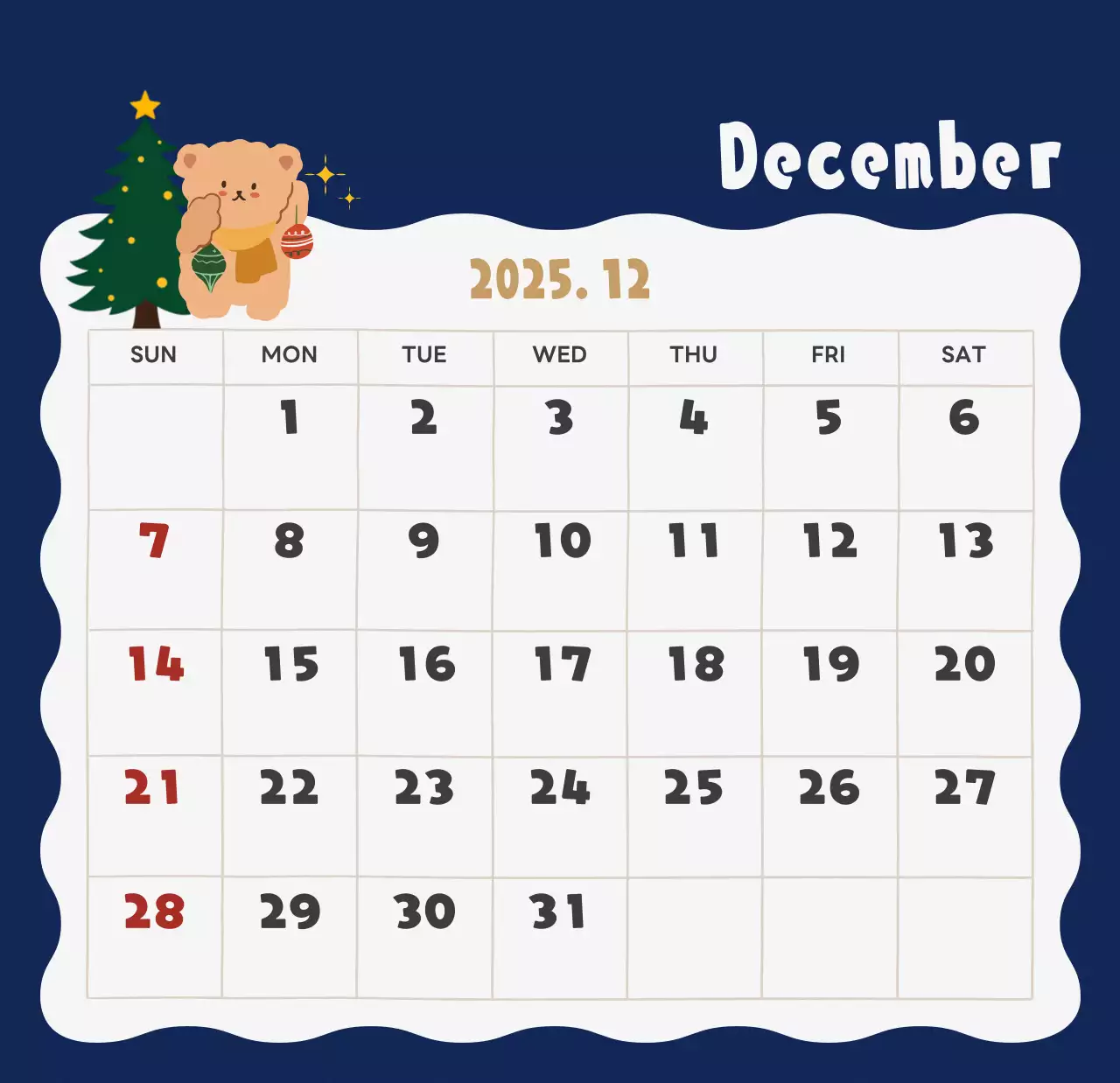 ネイビーブルーとベージュのかわいい2025年卓上カレンダー