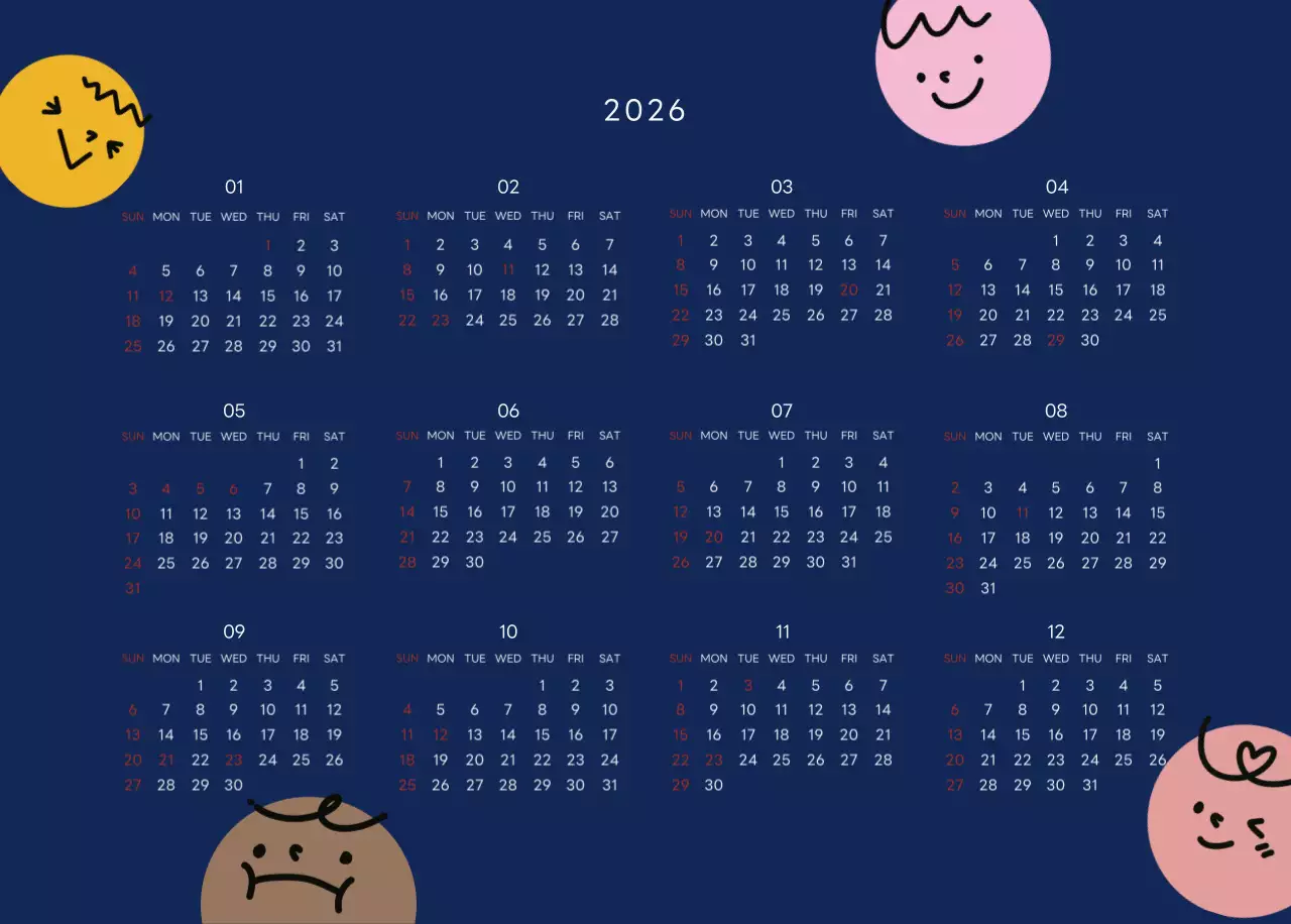 ネイビーブルーとベージュのかわいい2025年カレンダー