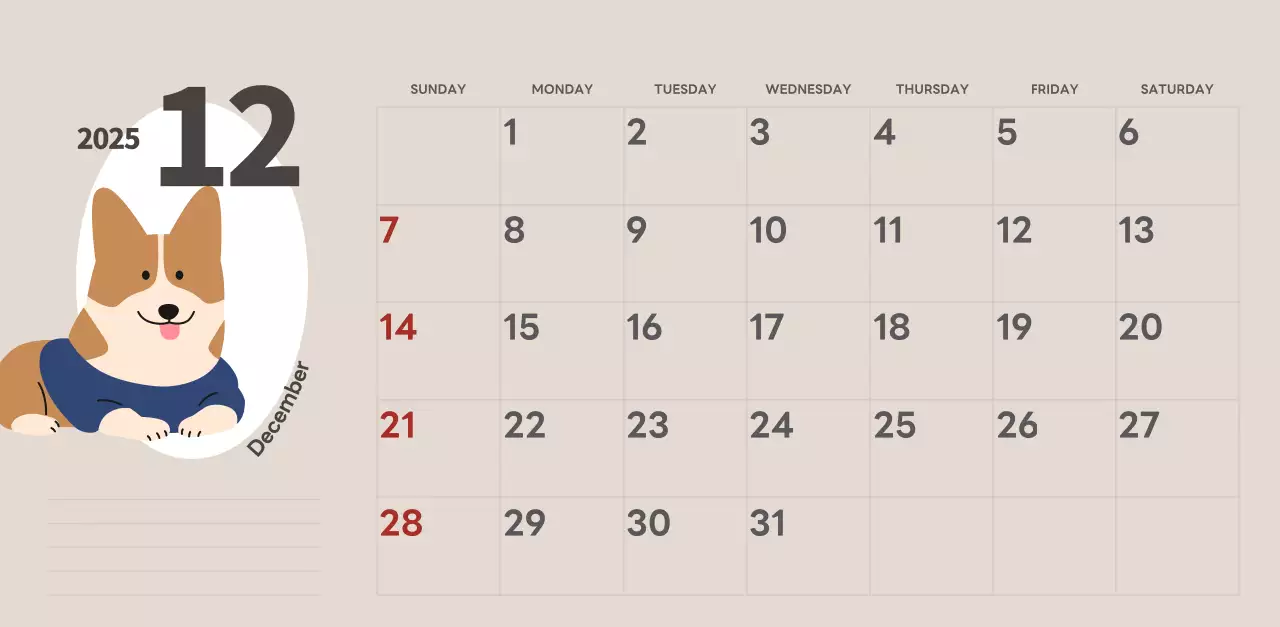 ベージュとグリーンのかわいい2025年子犬の卓上カレンダー