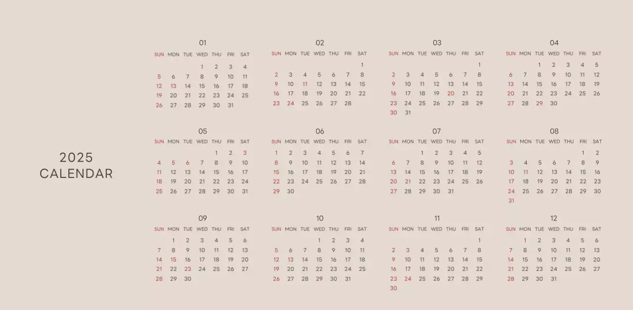 ベージュとグリーンのかわいい2025年子犬の卓上カレンダー