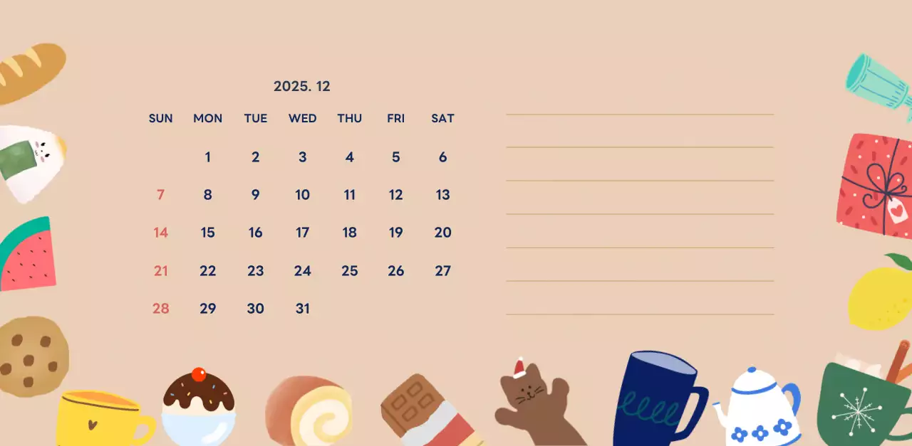 ネイビーブルーとベージュのかわいい2025年卓上カレンダー