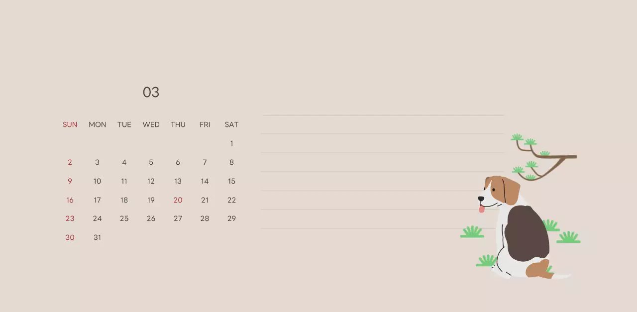 ベージュとグリーンのかわいい2025年子犬の卓上カレンダー
