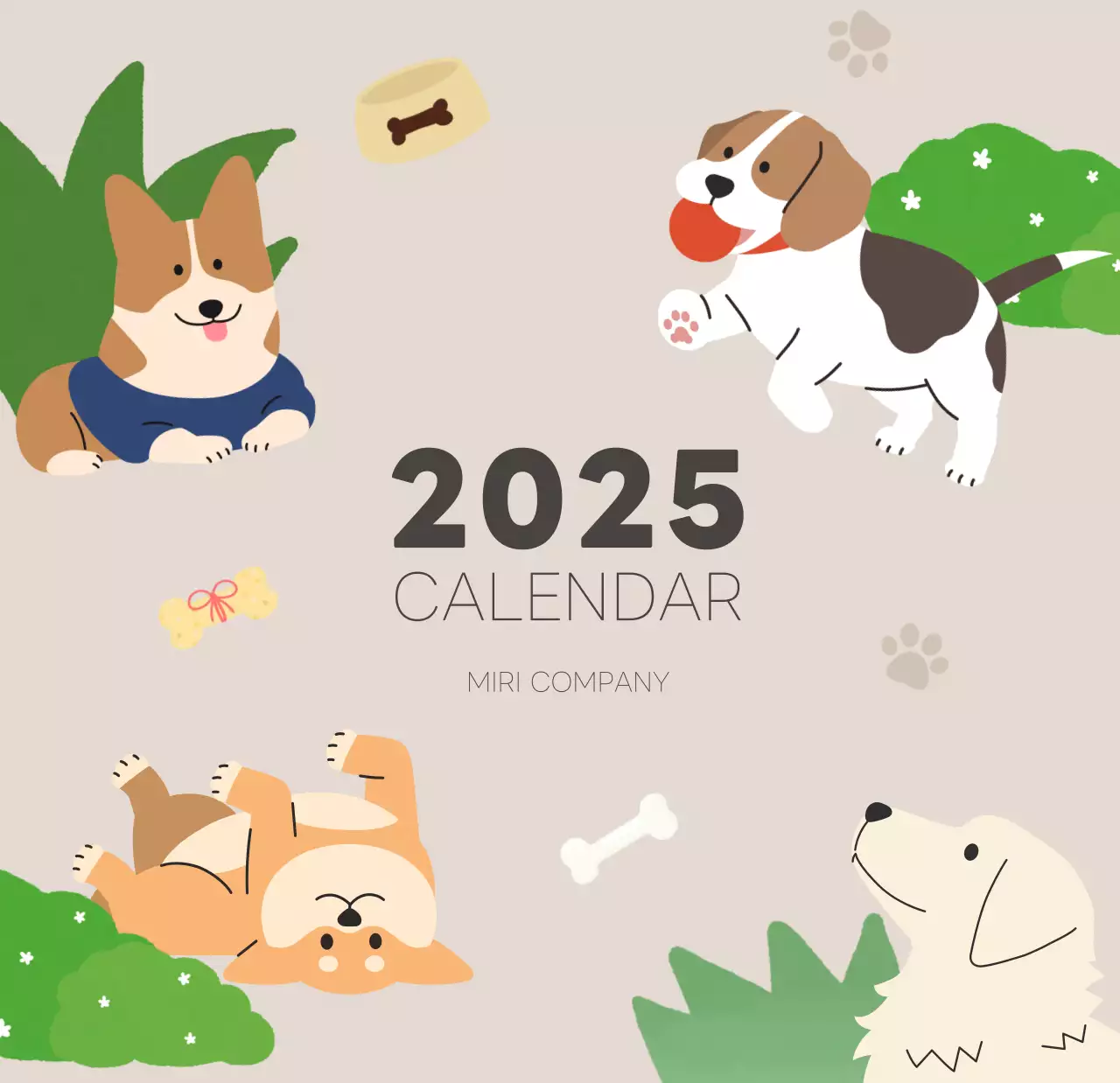 ベージュとグリーンのかわいい2025年子犬の卓上カレンダー