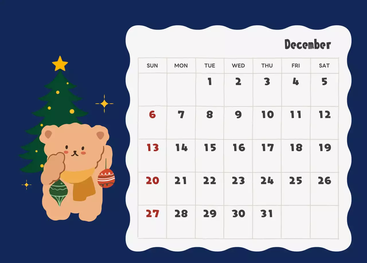 ネイビーブルーとベージュのかわいい2025年カレンダー