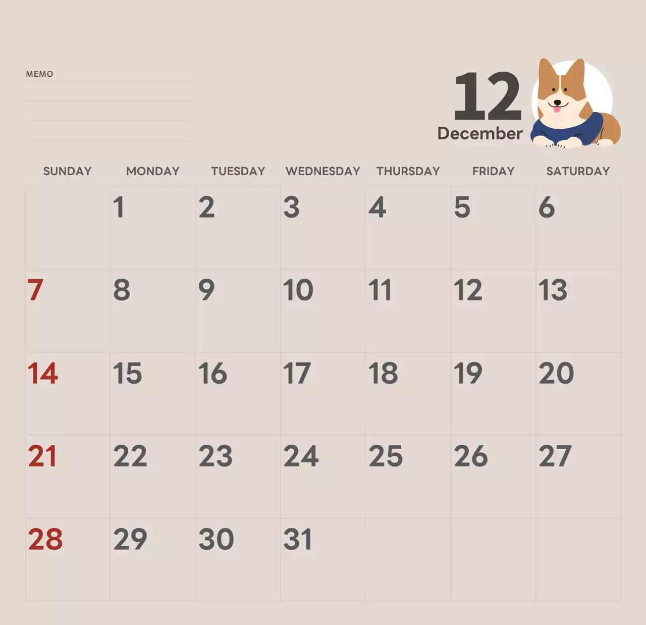 ベージュとグリーンのかわいい2025年子犬の卓上カレンダー