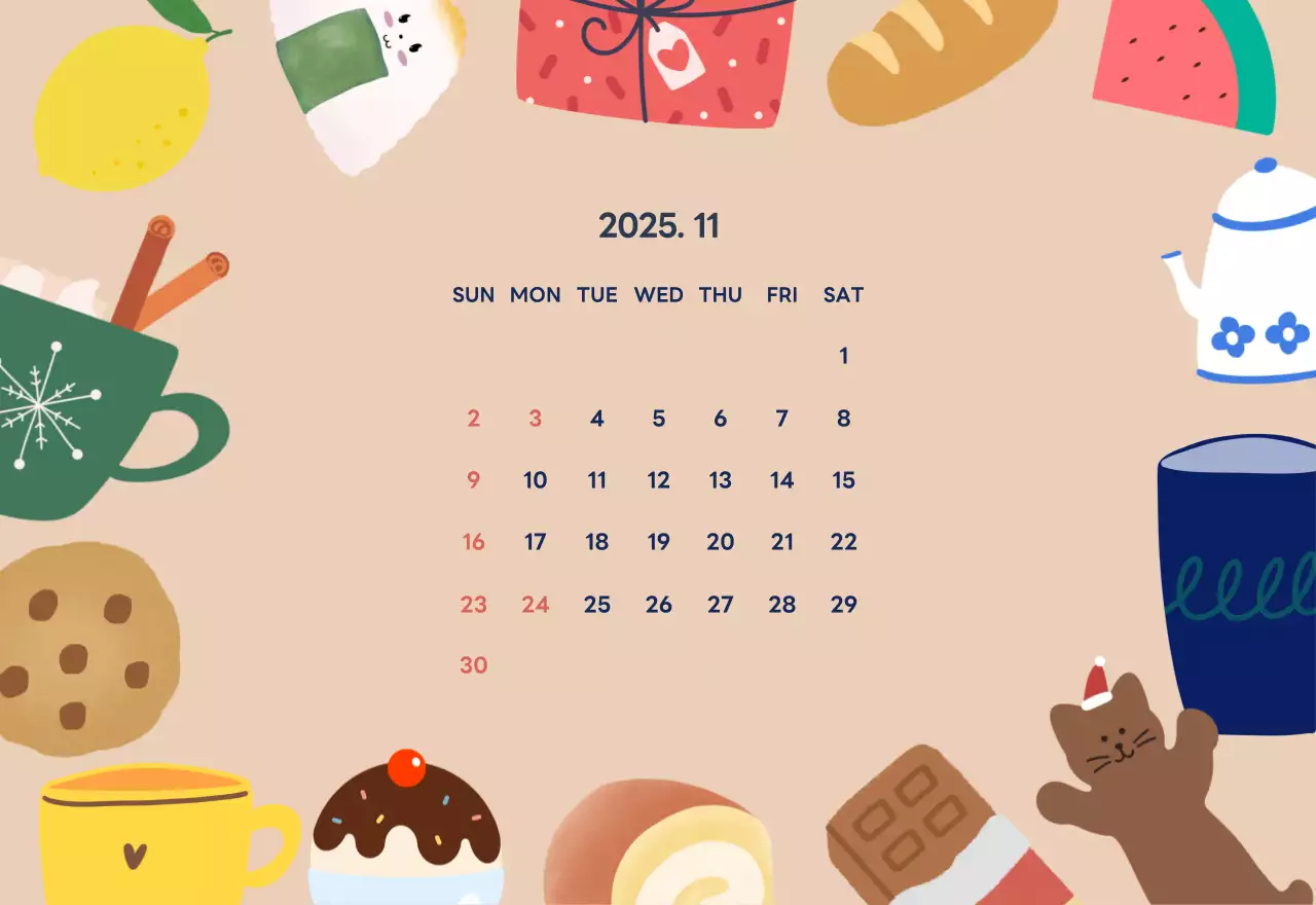 ネイビーブルーとベージュのかわいい2025年卓上カレンダー