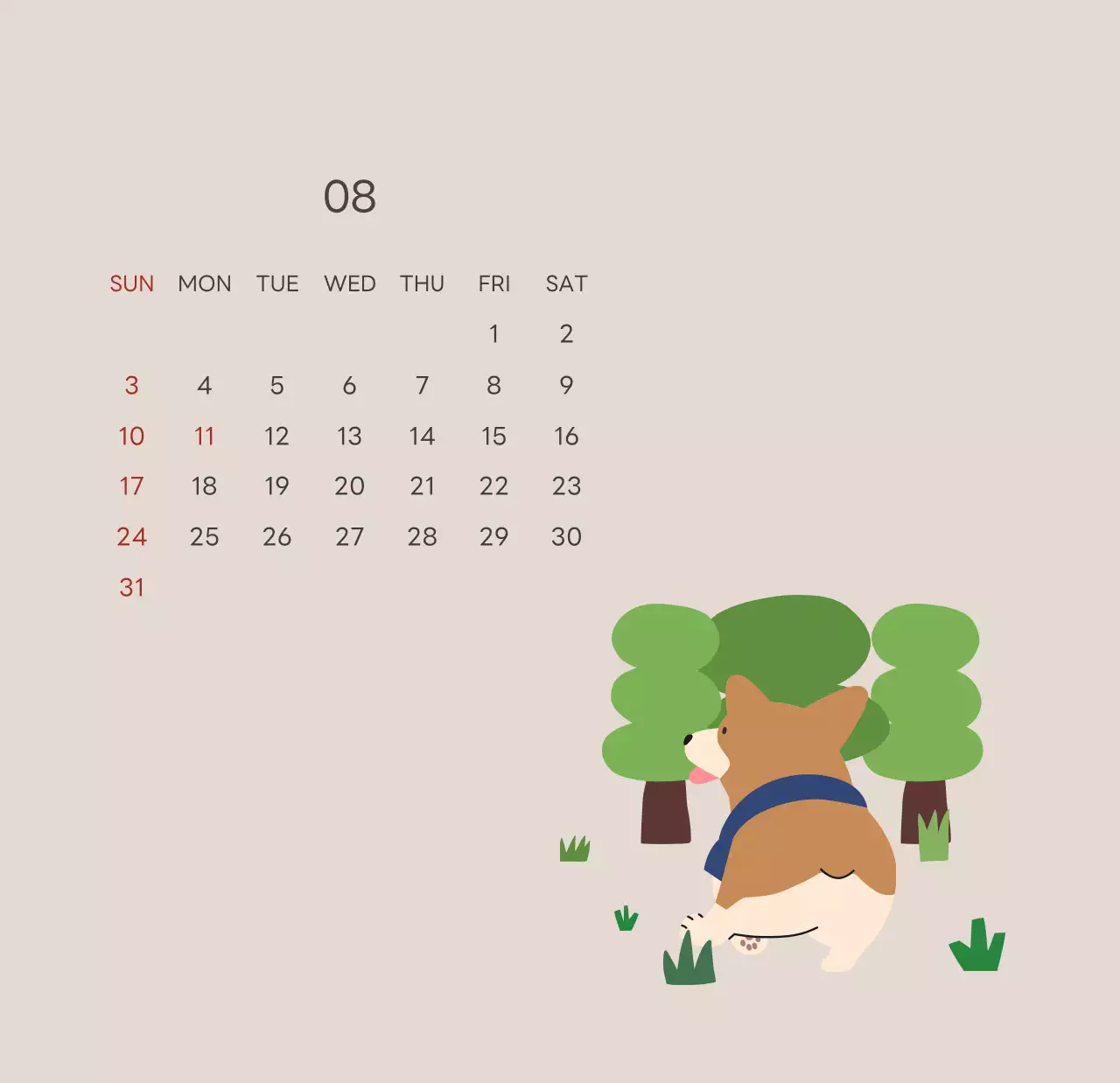 ベージュとグリーンのかわいい2025年子犬の卓上カレンダー