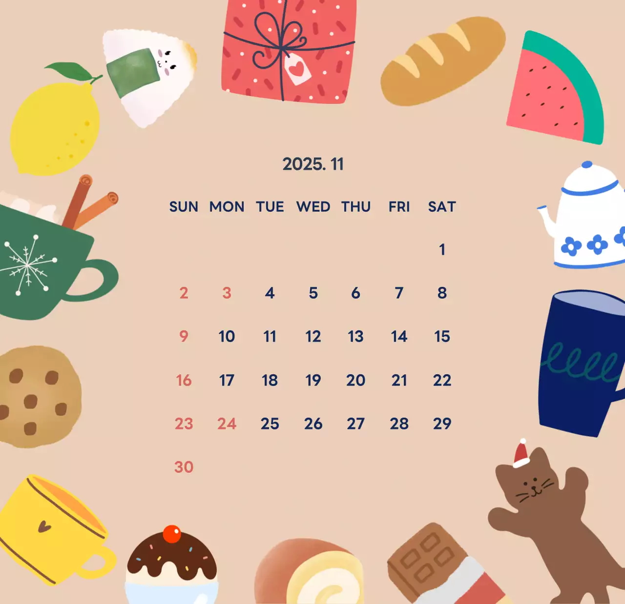 ネイビーブルーとベージュのかわいい2025年卓上カレンダー