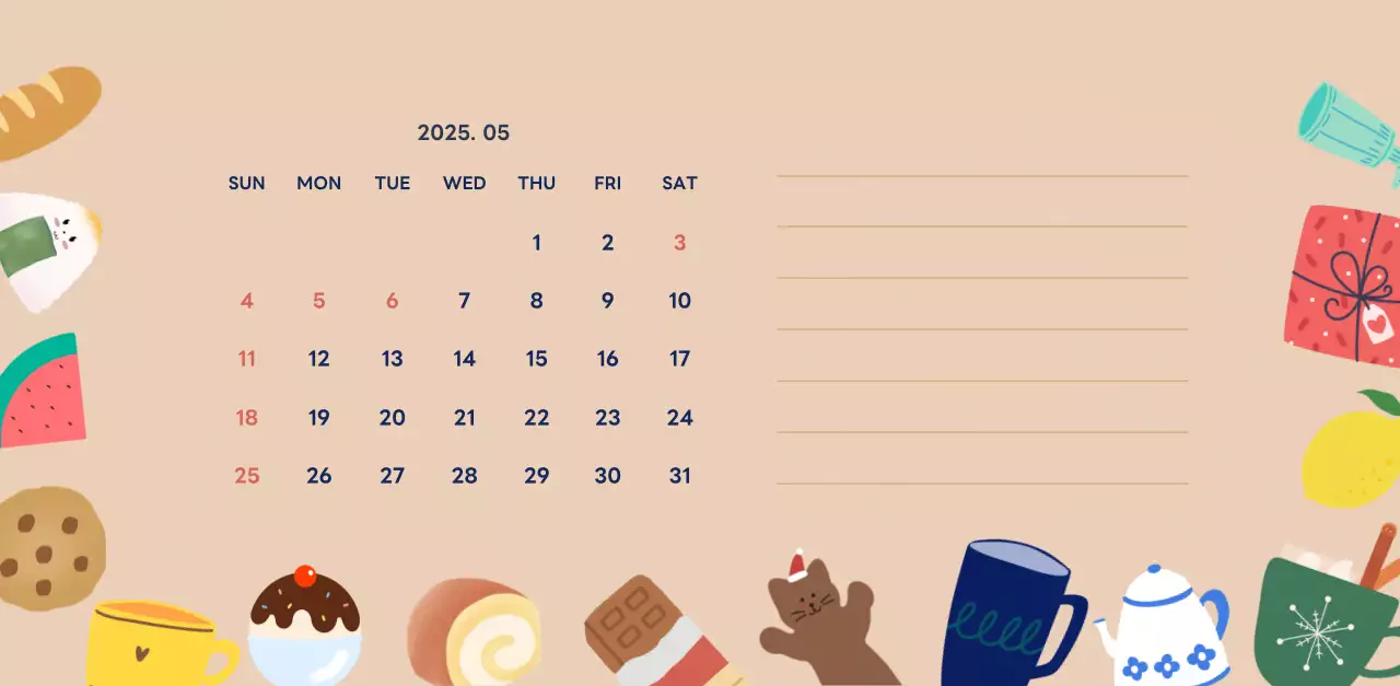 ネイビーブルーとベージュのかわいい2025年卓上カレンダー
