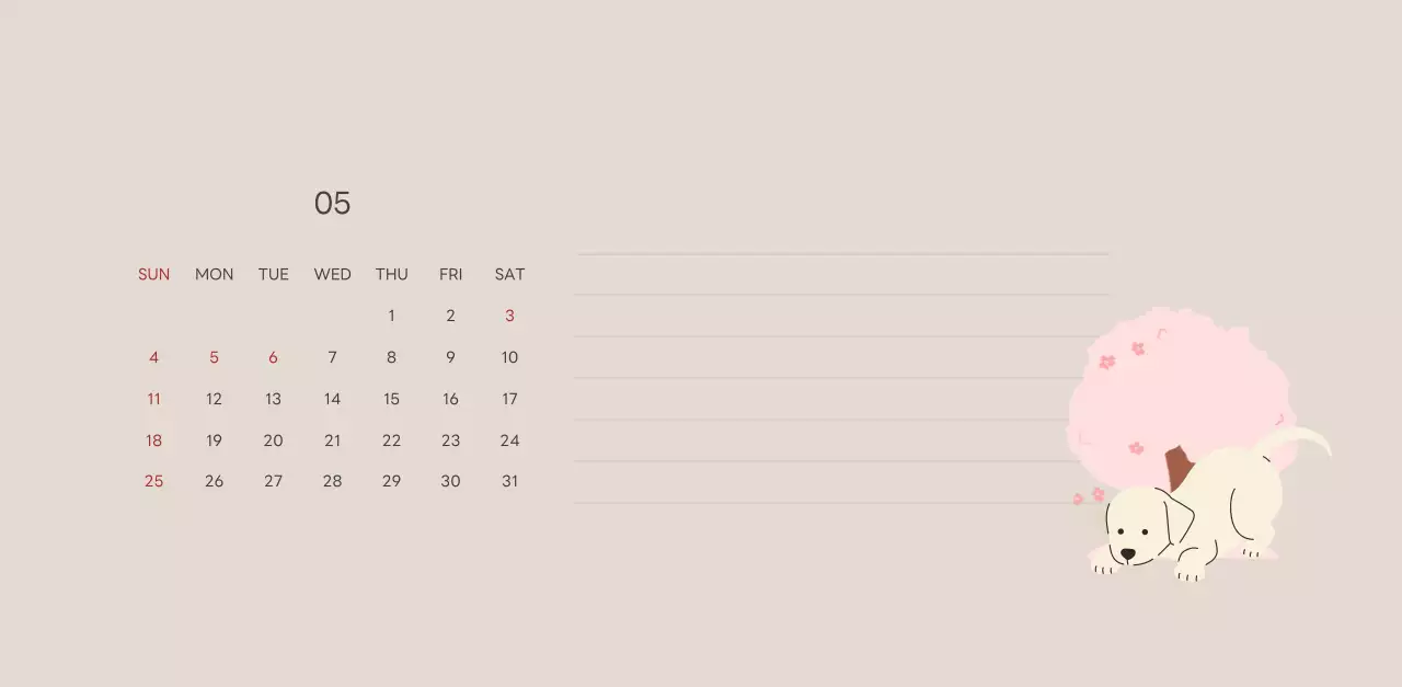 ベージュとグリーンのかわいい2025年子犬の卓上カレンダー