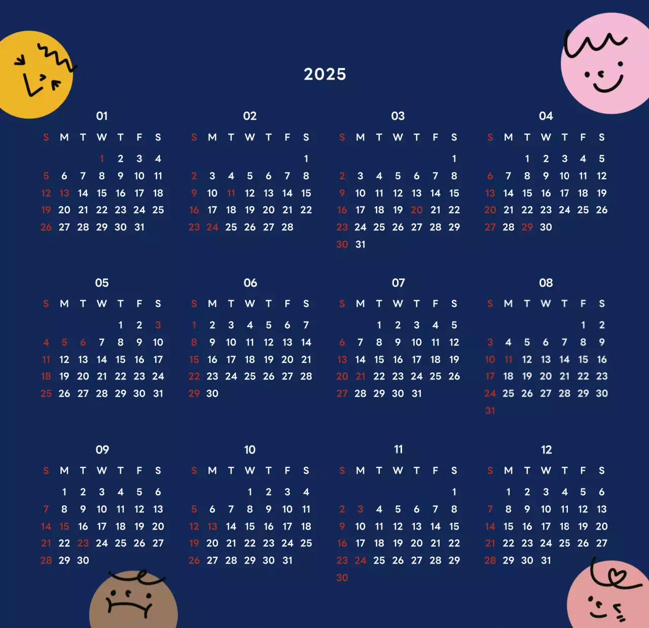 ネイビーブルーとベージュのかわいい2025年卓上カレンダー