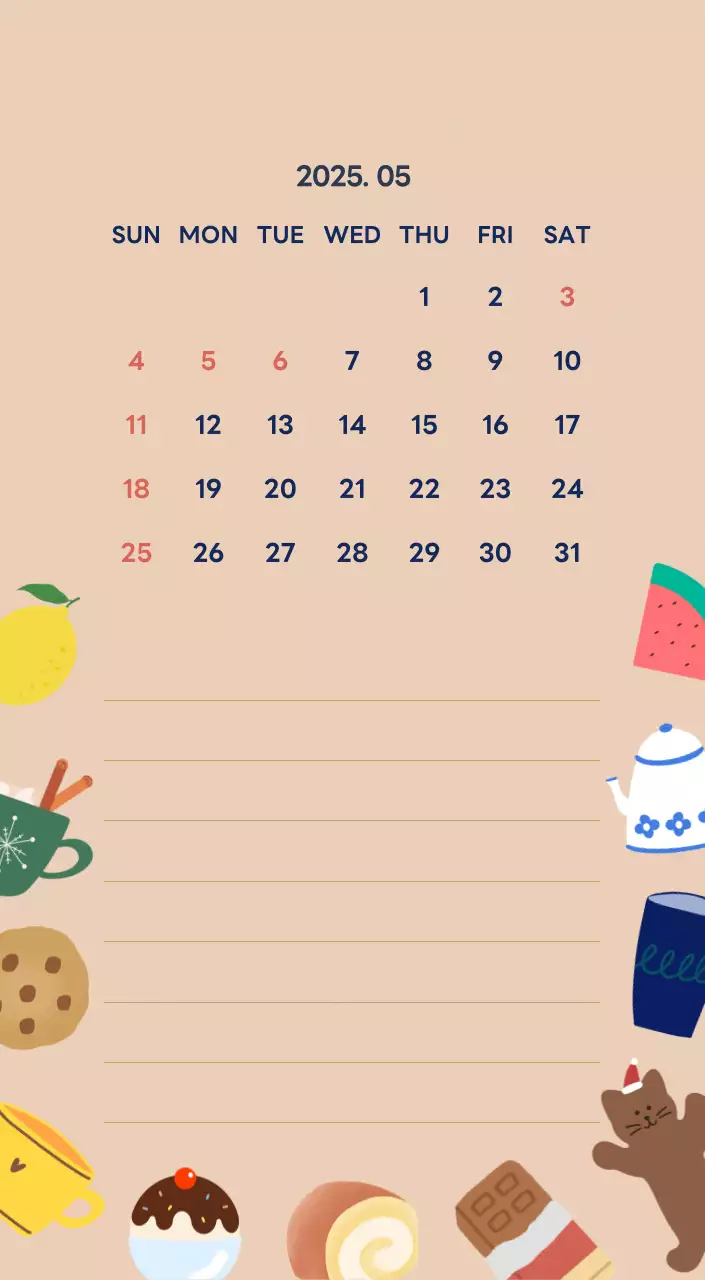 ネイビーブルーとベージュのかわいい2025年卓上カレンダー